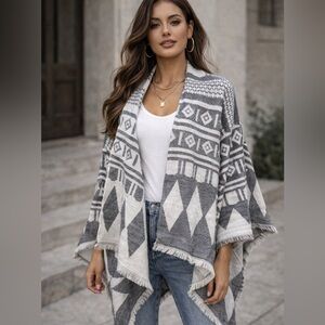 Revamped Grey & Cream Tribal Geometric Open-Front Poncho Shawl | Boho Western